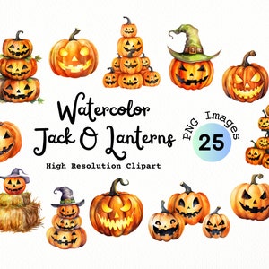May include: A set of 25 watercolor illustrations of jack-o'-lanterns in various poses and designs. The illustrations are perfect for Halloween crafts, decorations, and digital projects.  PNG Images 25. Watercolor Jack O Lanterns. High Resolution Clipart.