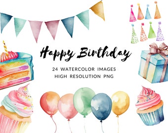 Whimsical Watercolor Birthday Clipart - Children's Party Decorations - Instant Download - Gift Box Illustrations - Children's Party Supplies