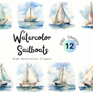 Żaglówki akwarelowe Clipart | 12 obrazów PNG | Żaglówki morskie oceaniczne | Żeglarstwo | Clipart oceaniczny | Łodzie | Żeglarstwo | Sztuka morska | Fale oceaniczne