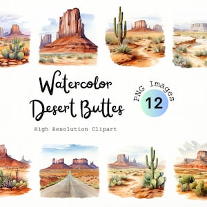 Akwarela Pustynne Buttes i Mesas Clipart | 12 Natychmiastowe Pobieranie Obrazów PNG | Krajobrazy Pustyni | Clipart Kaktusa | Clipart Zachodni | Kaktusy