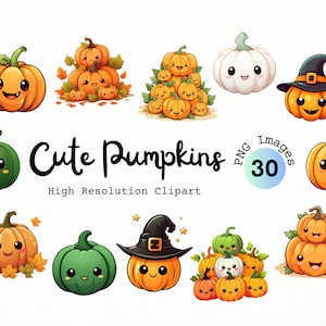 Cute Pumpkins Clipart Bundle - High Resolution PNG Cartoon Pumpkins Digital Download | Autumn Leaves | Kawaii Pumpkins | Halloween Clip Art