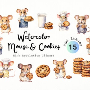 Aquarell Maus & Kekse Clipart Bundle - PNG-Format mit transparentem Hintergrund | Niedliche Mäuse Clip Art | Kekse und Milch | Dessert Clipart