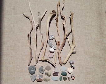 Mariene set van takken, stenen, schelpen en glas gladgemaakt door de zee, om het huis, aquaria, tuinen, creatieve werken, cadeau-idee voor thuis te versieren