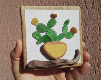 Tableau "Vase avec cactus" en bois, céramique et verre lissé par la mer, décoration maison, idée cadeau