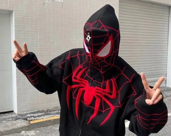 Spider Hoodie, Spiderweb Hoodie, Spiderweb print Grunge Streetwear Punk Hoodie Matching Hoodie for Couples,Y2K Zip Up Zipper Hoodie