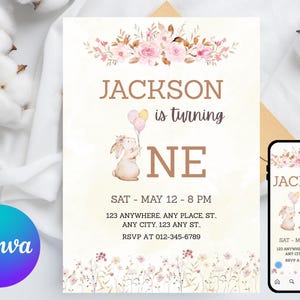 Some Bunny is One First Birthday Invite, Boho Bunny 1st Birthday Editable Invitation, Pink Bunny is One Birthday Invitation Template