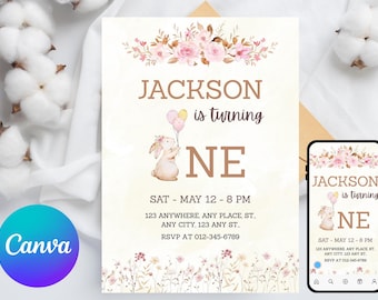 Some Bunny is One First Birthday Invite, Boho Bunny 1st Birthday Editable Invitation, Pink Bunny is One Birthday Invitation Template