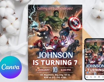 Editable Superheroes Birthday Invitation Template, Spider-Man Iron Man Birthday Invite, Avengers Party Editable Template