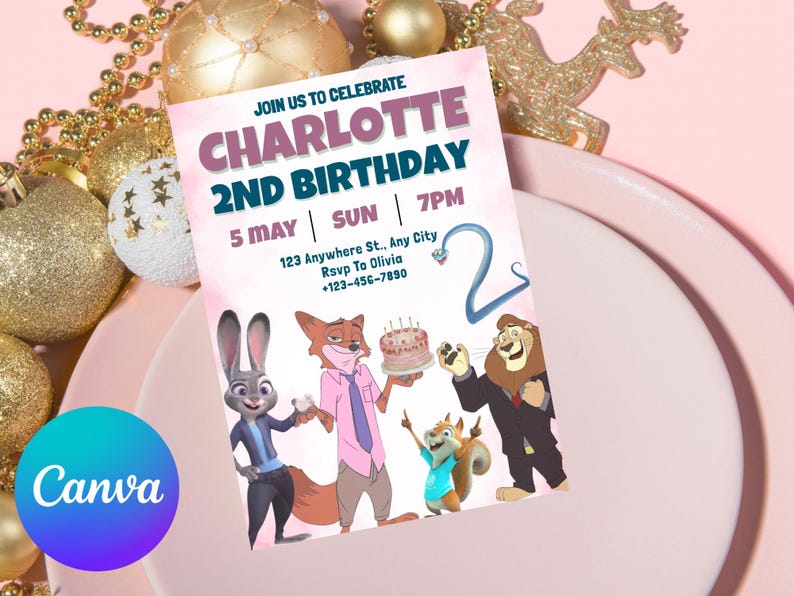 Puede incluir: Una invitaci&oacute;n de cumplea&ntilde;os con el texto "CHARLOTTE 2ND BIRTHDAY" y detalles del evento. El dise&ntilde;o incluye personajes de dibujos animados de animales y un fondo de acuarela rosa y blanco. El logotipo de Canva est&aacute; en la esquina inferior izquierda.