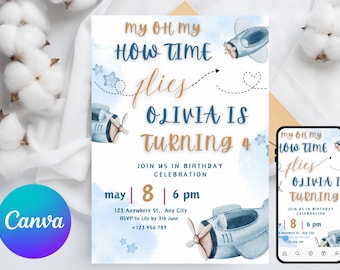 Editable Airplane Birthday Invitation, Time Flies Birthday Invitation, Kid Birthday Invite, Boy Birthday Invite, Printable, Instant Download