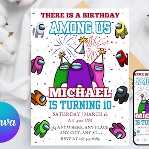 Among us invitation Birthday Invitation | Kids Birthday Invitation | Amoung us Game invite | Digital Editable Personalized Canva Printable