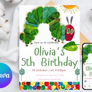 Könnte beinhalten: Eine Geburtstagseinladung mit einer grünen Raupenillustration und dem Text "Olivia's 5th Birthday". Die Einladung enthält Datum und Uhrzeit, mit einem passenden Design auf einem Mobiltelefon.