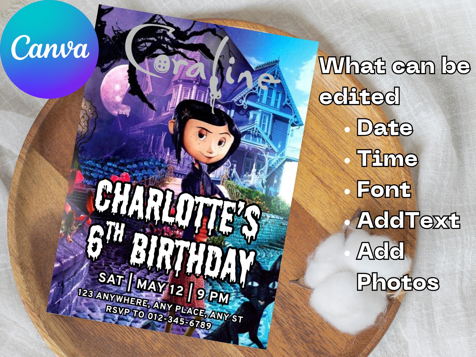 Editable Coraline Invitation Canva, Printable Coraline Birthday ...