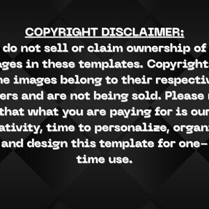 Puede incluir: Un fondo negro y gris con un patr&oacute;n de diamantes. El texto "COPYRIGHT DISCLAIMER" est&aacute; en la parte superior, seguido de una declaraci&oacute;n sobre la propiedad de la imagen y los servicios prestados, enfatizando el valor de la personalizaci&oacute;n y el dise&ntilde;o.
