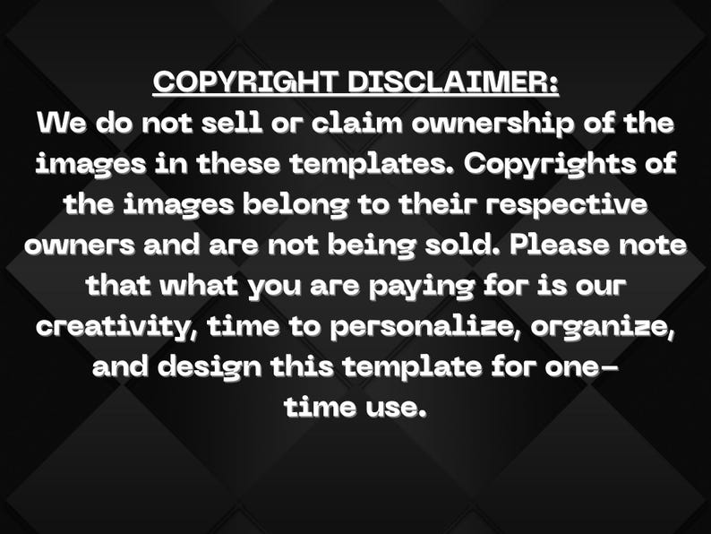 Puede incluir: Un fondo negro y gris con un patr&oacute;n de diamantes. El texto "COPYRIGHT DISCLAIMER" est&aacute; en la parte superior, seguido de una declaraci&oacute;n sobre la propiedad de la imagen y los servicios prestados, enfatizando el valor de la personalizaci&oacute;n y el dise&ntilde;o.