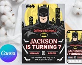 Editable Superhero Invitation, Bat Party Invite, Printable Kids Birthday Evite, Digital Birthday Party Card, Canva Template Digital Download