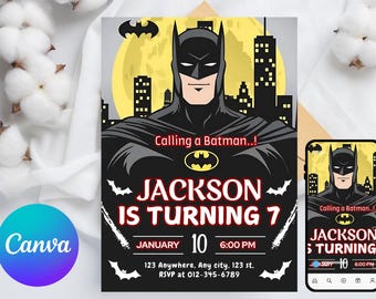 Editable Superhero Invitation, Bat Party Invite, Printable Kids Birthday Evite, Digital Birthday Party Card, Canva Template Digital Download