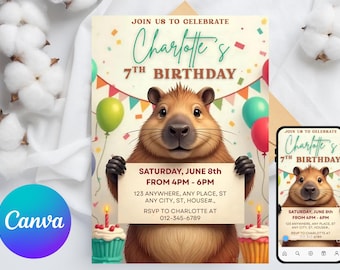 EDITABLE Capybara invitation , Capybara Birthday , Capy Birthday, Kawaii Capybara, Capybara Party Invite, Digital Template, Capybara Cute