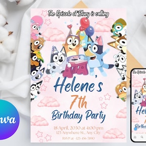 Puede incluir: Una invitaci&oacute;n rosa para una fiesta de cumplea&ntilde;os con personajes de la serie animada Bluey. La invitaci&oacute;n incluye el texto "7&ordm; Cumplea&ntilde;os de Helene" con detalles del evento. Una versi&oacute;n m&aacute;s peque&ntilde;a de la invitaci&oacute;n se muestra en un smartphone.
