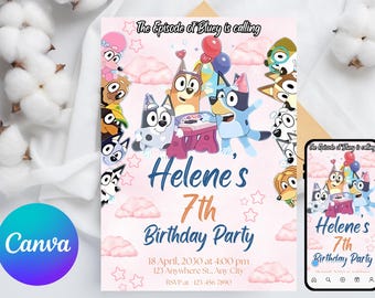 Bluey Birthday Girl Invitation Template, Editable 5x7 & Phone Invite, Instant Download Canva Template, Girl’s Bluey Party Invite Printable