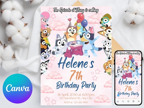 Bluey Birthday Girl Invitation Template, Editable 5x7 & Phone Invite, Instant Download Canva Template, Girl’s Bluey Party Invite Printable