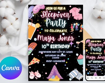 Convite de aniversário para festa do pijama, convite para festa do pijama para imprimir, festa do pijama, festa do pijama, modelo editável com luz neon retrô, download instantâneo