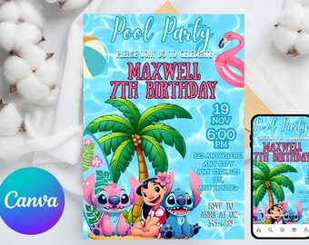 Editable Pool Party Stitch Girl Invitation, Pool Party Invitation, Stitch Pool Party Theme Girl Invite, Pool Birthday Party, Digital File