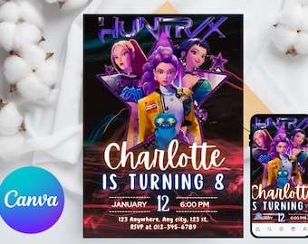 Kpop Dämonenjäger Geburtstagseinladung - Bearbeitbare Canva Vorlage - Huntrix Golden White - Druckbare Geburtstagsfeier einladen Digitaler Download