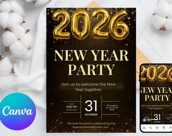 Redigerbar gyllene nyårsfestinbjudan. Inbjudan till nyårsfest 2026. Inbjudan till nyårsfest i guldglitter. Nyårsfirande-event.