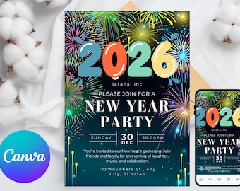 Bearbeitbare neue Jahre 2026 Party Einladung. 2026 Silvesterparty einladen. Gold Glitter Neujahr einladen . Neujahrsparty. Neue Jahre Evite