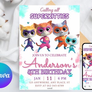 Printable Editable Super Kitty Invite, SuperKitty Birthday, SuperKitties Party invite template, Kitten Invitation Cute Invite
