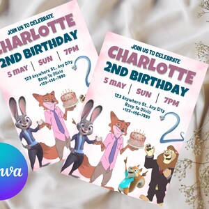 Puede incluir: Dos invitaciones de cumplea&ntilde;os con un fondo rosa acuarela. Las invitaciones dicen "&Uacute;nete a nosotros para celebrar el 2&ordm; cumplea&ntilde;os de Charlotte" con la fecha, la hora y la informaci&oacute;n de RSVP. Se presentan personajes de dibujos animados de Zootopia.