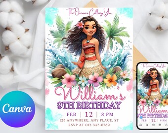 Convite de aniversário da Baby Moana editável | Convite de aniversário da Baby Moana para imprimir | Modelo de festa infantil | Convite no Canva | Download instantâneo