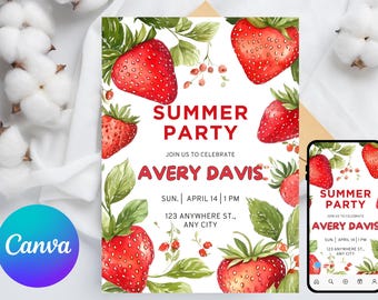 Editable Berry First Strawberry Birthday Invitation, Red Strawberry Birthday Invite, Berry Sweet Birthday Invitation Template