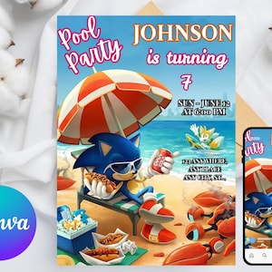 Sonic Pool Party Birthday Invitation – Sonic the Hedgehog Summer Party Invite, Editable Digital Download, Instant Invitation for Boys