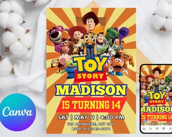 Toy Story-verjaardagsuitnodiging, bewerkbare Toy Story-uitnodiging, gepersonaliseerde Woody Buzz Jessie verjaardagsdownload, Two Infinity and Beyond