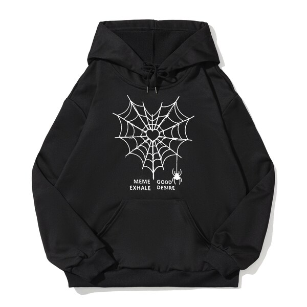 Heart Spider Web Women Hoodies, Spiderweb Print Pullover Black Hoodie, Y2k Hoodie for Girls, Spider Lover Girl Friend Gift Hoodie