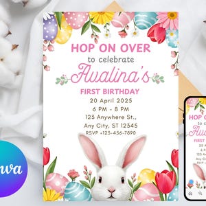 Some Bunny is turning Birthday Invitation | Floral Pink Gold Rabbit Birthday Party Invite | Any Age 1st 2nd 3rd Bunny Birthday Girl