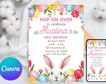 Invitation d'anniversaire d'un certain lapin | Invitation florale de fête d'anniversaire de lapin rose | Tout âge 1er 2e 3e anniversaire Lapin Fille