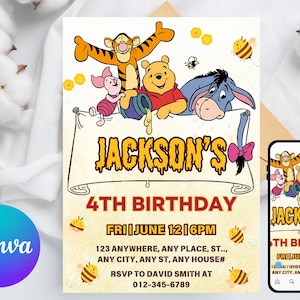 May include: A birthday invitation featuring Winnie the Pooh characters, including Tigger, Piglet, Pooh, and Eeyore. The invitation reads "Jackson's 4th Birthday" with event details and RSVP information. A smartphone displays the same design.