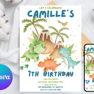 May include: A birthday invitation with a watercolor dinosaur theme. The invitation features the text "Let's Celebrate Camille's 7th Birthday" with illustrations of dinosaurs, volcanoes, and palm trees. A phone displays the same design.