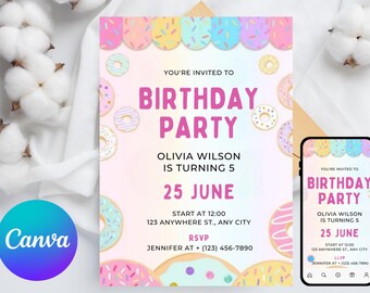 Donut Birthday Invitation, Donut Invitation, Donut Invites, Donut Party Invitation, Sweets Dessert Donut Candy, Editable Canva Template