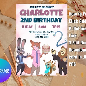 Puede incluir: Una invitaci&oacute;n de cumplea&ntilde;os con personajes de dibujos animados, el texto "CHARLOTTE 2ND BIRTHDAY", fecha, hora e informaci&oacute;n de RSVP. El dise&ntilde;o incluye un logotipo de Canva azul y morado e instrucciones.