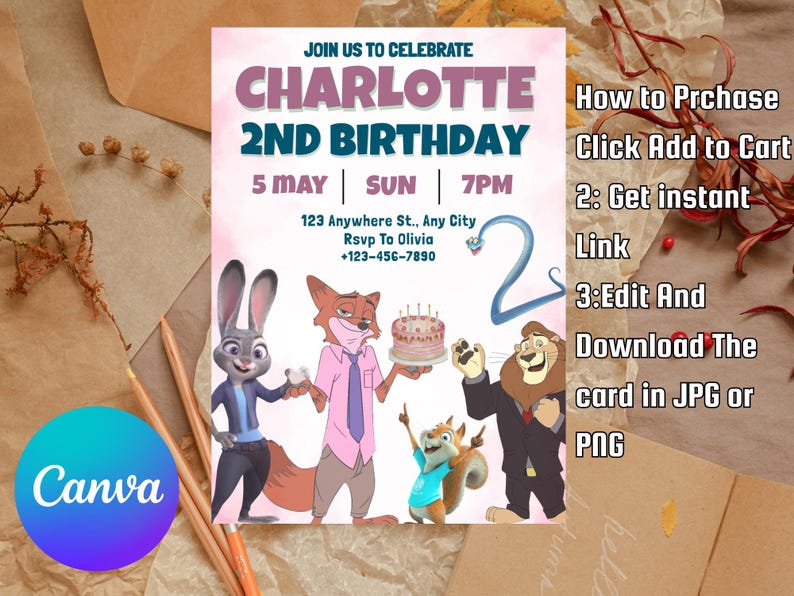 Puede incluir: Una invitaci&oacute;n de cumplea&ntilde;os con personajes de dibujos animados, el texto "CHARLOTTE 2ND BIRTHDAY", fecha, hora e informaci&oacute;n de RSVP. El dise&ntilde;o incluye un logotipo de Canva azul y morado e instrucciones.