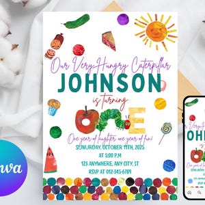 Könnte beinhalten: Eine farbenfrohe Einladung mit dem Text "Our Very Hungry Caterpillar JOHNSON wird EINS". Das Design beinhaltet Aquarellillustrationen von Lebensmitteln und einer Raupe. Ein Smartphone zeigt das gleiche Design.