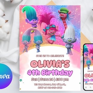 Trolls invitation, Trolls Birthday Invite Printable, Trolls Craziest Party Birthday Invitation, Digital Trolls Party Editable Template Canva