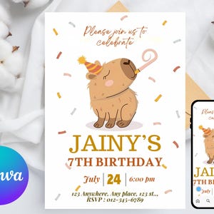 EDITABLE Capybara invitation , Capybara Birthday , Capy Birthday, Kawaii Capybara, Capybara Party Invite, Digital Template, Capybara Cute