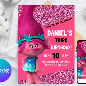 Trolls invitation, Trolls Birthday Invite Printable, Trolls Craziest Party Birthday Invitation, Digital Trolls Party Editable Template Canva