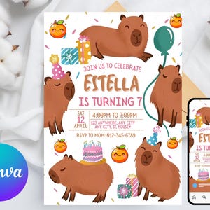 EDITABLE Capybara invitation , Capybara Birthday , Capy Birthday, Kawaii Capybara, Capybara Party Invite, Digital Template, Capybara Cute