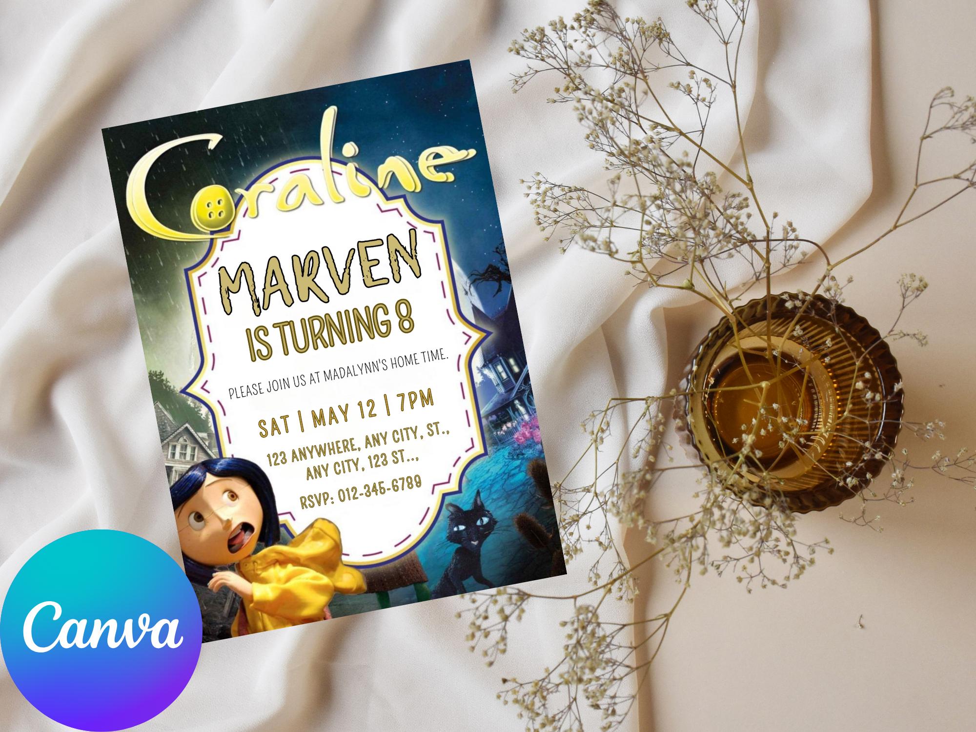 Editable Coraline Invitation Canva, Printable Coraline Birthday ...